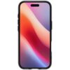 Na zdjęciu znajduje się etui na telefon z przezroczystym tyłem i czarnymi krawędziami, w którym umieszczony jest smartfon z kolorowym gradientowym tłem na ekranie. Etui posiada wycięcia na przyciski i porty urządzenia.