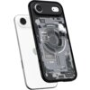 Etui SPIGEN Ultra Hybrid Mag MagSafe do Apple iPhone 17 Air Zero One Black przedstawia przezroczystą obudowę z widocznymi elementami wewnętrznymi i napisem "spigen ZeroOne Edition" oraz "GENERATION". Obok znajduje się biały telefon z logo w kształcie jabł