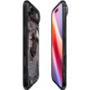 Przezroczyste etui na telefon z widocznymi elementami technologicznymi i okrągłym wzorem na środku, obok smartfon z kolorowym ekranem. Na etui znajduje się napis "spigen".