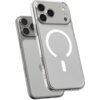 Przezroczysto-białe etui na telefon z trzema dużymi otworami na aparaty oraz widocznym okrągłym wzorem MagSafe. Etui jest dopasowane do nowoczesnego smartfona z zaokrąglonymi krawędziami.
