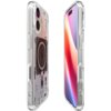 Przezroczyste etui na telefon z widocznymi elementami wewnętrznymi, w tym okrągłym wzorem na środku, jest pokazane z dwóch stron. Na ekranie telefonu widoczny jest gradientowy wzór w odcieniach czerwieni i fioletu.