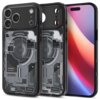 Przezroczyste etui na telefon z widocznymi elementami wewnętrznymi, takimi jak okrągłe zarysy i prostokątne kształty, z napisem "Spigen ZeroOne Edition" oraz "GENERATION II". Obok etui znajduje się telefon z kolorowym wyświetlaczem.