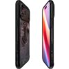 Czarne etui na telefon z przezroczystym tyłem, ukazującym wewnętrzne elementy i okrągły wzór MagSafe, z widocznym napisem "Spigen" na dole. Obok etui znajduje się telefon z wyświetlaczem pokazującym kolorowy gradient.