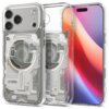Przezroczyste etui na telefon z widocznymi elementami technologicznymi i napisami: "SPIGEN", "ZeroOne Edition", "SGP-710B", "GENERATION 1". Etui jest założone na telefon z wyświetlaczem pokazującym kolorowy gradient.