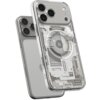 Przezroczyste etui na telefon z widocznymi elementami wewnętrznymi, takimi jak cewka i inne detale techniczne, z napisem "Spigen ZeroOne Edition" oraz "GENERATION 1". W tle widoczny jest telefon z trzema obiektywami aparatu.