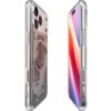 Przezroczyste etui na telefon z widocznymi elementami wewnętrznymi, takimi jak okrągły magnes i detale techniczne, oraz logo "spigen" na dolnej części. Obok etui znajduje się telefon z wyświetlaczem pokazującym kolorowy gradient.