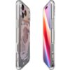 Przezroczyste etui na telefon z widocznymi elementami konstrukcyjnymi i napisem "spigen" na tylnej części, obok telefonu z wyświetlaczem pokazującym kolorowy gradient. Etui jest zaprojektowane dla modelu Apple iPhone 17 Pro Max.
