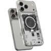 Przezroczyste etui na telefon z widocznymi elementami technologicznymi, takimi jak cewka MagSafe i inne komponenty wewnętrzne. Na etui znajduje się napis "Spigen Neo One".