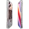 Przezroczyste etui na telefon z widocznymi elementami technologicznymi, takimi jak okrągły magnes i złącza, obok smartfona z kolorowym wyświetlaczem. Produkt to "Etui SPIGEN Ultra Hybrid Mag MagSafe do Apple iPhone 17 Pro Neo One".