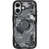 Czarne etui na telefon z przezroczystym tyłem, ukazujące wewnętrzne elementy w stylu technologicznym, z widocznym logo "spigen" oraz napisami "ZeroOne Edition" i "GENERATION II". W górnej części etui znajdują się dwa otwory na aparaty oraz jeden na lampę 