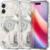 Przezroczyste etui na telefon z widocznymi wewnętrznymi elementami technologicznymi, w tym okrągłymi wzorami i prostokątnymi panelami, z napisem "Spigen" oraz "GENERATION 1". Obok etui znajduje się telefon z kolorowym wyświetlaczem.