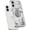 Przezroczyste etui na telefon z widocznymi wewnętrznymi elementami konstrukcji, w tym okrągłym wzorem na środku. Na etui znajduje się napis "spigen" oraz "GENERATION 1".