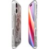 Przezroczyste etui na telefon z widocznymi elementami wewnętrznymi, takimi jak okrągły wzór i napisy "spigen" oraz "Ultra Hybrid". Obok etui znajduje się telefon z wyświetlaczem pokazującym gradientowe kolory od czerwieni do fioletu.