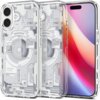 Przezroczyste etui z widocznymi elementami technologicznymi, przeznaczone do telefonu Apple iPhone 17, z napisem "Spigen" oraz oznaczeniem "GENERATION 1". W tle widoczny jest ekran telefonu z gradientem kolorów od różowego do niebieskiego.