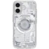 Przezroczyste etui na telefon z widocznymi wewnętrznymi elementami konstrukcji, na którym znajduje się napis "spigen ZeroOne Edition" oraz "GENERATION II". Etui ma wycięcia na dwa obiektywy aparatu i lampę błyskową.