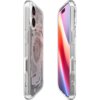 Przezroczyste etui na telefon z widocznymi elementami konstrukcyjnymi i okrągłym wzorem na tylnej części, przeznaczone do modelu iPhone. Etui posiada wycięcia na przyciski i porty, a jego krawędzie są zaokrąglone.