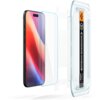 Na zdjęciu widoczny jest smartfon z kolorowym ekranem, obok którego znajduje się przezroczyste szkło hartowane oraz plastikowa ramka z napisem "PRESS & SLIDE WAIT 30sec REMOVE HERE". Produkt to "Szkło hartowane SPIGEN Glas.TR EZ Fit 2-Pack do Apple iPhone