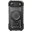 Czarne etui ochronne z wyraźnymi, geometrycznymi krawędziami i okrągłym wycięciem na logo Apple, przeznaczone do iPhone'a. W górnej części widoczne są otwory na aparat i lampę błyskową.