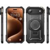 Czarne etui ochronne na telefon z widocznym logo w kształcie jabłka, posiada wyraźne wzmocnienia na rogach i okrągły uchwyt na tylnej części. Na ekranie telefonu widoczna jest godzina 10:43, data "Wed 1", oraz informacje o pogodzie i wydarzeniach.