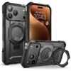 Czarne etui SUPCASE UB Grip Mag MagSafe do Apple iPhone 17 Pro jest przedstawione z przodu i z tyłu, z widocznym okrągłym uchwytem na tylnej części. Na ekranie telefonu widoczna jest godzina 10:43, data "Wed 1", oraz ikony powiadomień i pogody.