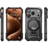 Na zdjęciu widoczne jest czarne etui na telefon z trzema dużymi otworami na aparaty oraz okrągłym wycięciem na środku tylnej części. Na ekranie telefonu w etui wyświetlana jest godzina 10:43, data "Wed 1", oraz ikony aplikacji i powiadomień.