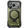 Zielone etui ochronne z czarnymi akcentami, przeznaczone do telefonu Apple iPhone 17 Pro, posiada wycięcia na aparat i okrągły uchwyt MagSafe. Konstrukcja etui jest solidna, z wyraźnymi krawędziami i wzmocnieniami na rogach.