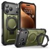 Na zdjęciu znajduje się zielone etui SUPCASE UB Grip Mag MagSafe do Apple iPhone 17 Pro, z widocznym okrągłym uchwytem na tylnej części. Na ekranie telefonu widoczna jest godzina 10:43 oraz data "Wed 1", a także kilka ikon i powiadomień.