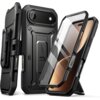 Czarne etui ochronne do telefonu z solidną konstrukcją, widoczne z przodu i z tyłu, z wbudowaną osłoną ekranu i klipsem do paska. Na etui znajduje się napis "UB Pro".