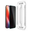 Na zdjęciu znajduje się szkło prywatyzujące do telefonu, obok którego widoczna jest przezroczysta ramka montażowa. Produkt jest przeznaczony do modeli Apple iPhone 16 Pro Max/17 Pro Max.