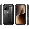 Czarne etui SUPCASE Ub Pro do Apple iPhone 17 jest widoczne z różnych perspektyw, prezentując solidną konstrukcję z wyraźnymi krawędziami i wbudowaną podpórką. Na etui znajduje się logo "SUPCASE" oraz napis "UB Pro".