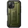 Zielone etui ochronne z czarnymi akcentami, przeznaczone do telefonu, z widocznym napisem "UB Pro" na tylnej części. Etui ma wyraźne, geometryczne kształty i otwory na aparat oraz inne elementy telefonu.