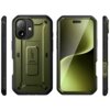 Zielone etui SUPCASE Ub Pro do Apple iPhone 17 jest widoczne z różnych perspektyw, prezentując solidną konstrukcję z wyraźnymi krawędziami i wbudowaną podpórką. Na etui znajduje się logo "SUPCASE" oraz napis "UB Pro".