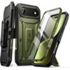 Zielone etui SUPCASE Ub Pro do Apple iPhone Air jest przedstawione w trzech różnych ujęciach, ukazując jego solidną konstrukcję i przezroczystą osłonę ekranu. Na etui widoczny jest napis "UB Pro".
