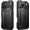 Na zdjęciu widoczne jest czarne etui ochronne z solidną konstrukcją, przeznaczone do telefonu Apple iPhone 17 Pro, z wyraźnym napisem "UB Pro" oraz "SUPCASE" na powierzchni. Etui ma wzmocnione narożniki i wycięcia na aparat oraz porty, a także zintegrowan