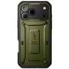 Zielone etui ochronne z solidną konstrukcją i wbudowaną podpórką, przeznaczone dla telefonu Apple iPhone 17 Pro. Na etui widoczny jest napis "UB Pro".