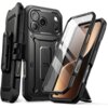 Na zdjęciu widoczne jest czarne etui SUPCASE Ub Pro do Apple iPhone 17 Pro Max, które ma solidną konstrukcję z wyraźnymi wzmocnieniami i wycięciami na aparat oraz przyciski. Etui posiada również przezroczystą osłonę na ekran i klips do paska.