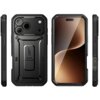 Czarne etui SUPCASE Ub Pro do Apple iPhone 17 Pro Max jest widoczne z przodu, z tyłu i z boku, z wyraźnymi detalami ochronnymi i wbudowaną podpórką. Na etui znajduje się napis "SUPCASE" oraz "UB Pro".