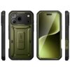 Zielone etui ochronne z czarnymi akcentami, przeznaczone do telefonu, widoczne z przodu, z tyłu i z boków, z napisem "SUPCASE" oraz "UB Pro" na tylnej części. Etui ma wyraźne wzmocnienia i otwory na aparat oraz przyciski.