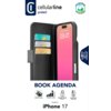 Etui CELLULARLINE Book Agenda do Apple iPhone 17 w kolorze czarnym, z trzema kieszeniami na karty i magnetycznym zapięciem, widoczne na tle z logo "cellularline protect" oraz informacją o zawartości materiałów z recyklingu. Na ekranie telefonu widoczna je