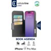 Etui CELLULARLINE Book Agenda do Apple iPhone 17 Pro Max w kolorze czarnym, z funkcją stojaka, poziomem ochrony, magnetycznym zamknięciem i ochroną kart kredytowych. Na etui widoczne są trzy karty, a na ekranie telefonu wyświetlana jest godzina 09:41 i da