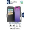 Etui CELLULARLINE Book Agenda do Apple iPhone 17 Pro w kolorze czarnym, z trzema kieszonkami na karty wewnątrz, obok telefonu z wyświetlaczem pokazującym godzinę 09:41 i datę "Tuesday, 9 September". Widoczne są ikony funkcji: Stand Function, Protection Le