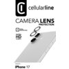 Na zdjęciu znajduje się opakowanie produktu z logo "cellularline" oraz napisem "CAMERA LENS PROTECTION". Widoczne są również hasła "TOTAL PROTECTION", "ULTRA HD CLARITY" oraz informacja "Designed for: iPhone 17".