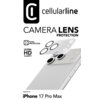 Opakowanie produktu przedstawia szkło hartowane na obiektyw telefonu, z widocznym logo "cellularline" oraz napisami "CAMERA LENS PROTECTION", "TOTAL PROTECTION", "ULTRA HD CLARITY". Na dole znajduje się informacja "Designed for: iPhone 17 Pro Max".