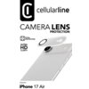 Na zdjęciu widoczny jest produkt "Szkło hartowane na obiektyw CELLULARLINE Camera Lens Protection do Apple iPhone 17 Air". Na białym tle znajdują się napisy: "cellularline", "CAMERA LENS PROTECTION", "TOTAL PROTECTION", "ULTRA HD CLARITY" oraz "Designed f