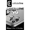 Na zdjęciu widoczny jest produkt "Szkło hartowane na obiektyw CELLULARLINE Camera Lens Ring do Apple iPhone 17 Pro Max". W górnej części znajduje się logo "cellularline", a poniżej napis "CAMERA LENS RING" oraz informacja "Designed for: iPhone 17 Pro / 17