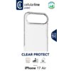 Przezroczyste etui na telefon z dużym otworem na aparat, z widocznym logo "cellularline protect" oraz napisami "CLEAR PROTECT" i "iPhone 17 Air". Na zdjęciu znajdują się również ikony z opisami: "Anti-Yellow", "Protection Level", "Impact Protection" oraz 