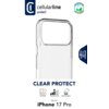 Przezroczyste etui na telefon z dużym wycięciem na aparat, z logo "cellularline protect" oraz napisami "CLEAR PROTECT" i "iPhone 17 Pro". Na opakowaniu znajdują się ikony z opisami: "Anti-Yellow", "Protection Level", "Impact Protection" oraz informacja o 