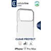 Przezroczyste etui na telefon z dużym otworem na aparat, z logo "cellularline protect" oraz napisami "CLEAR PROTECT" i "iPhone 17 Pro Max". Na opakowaniu znajdują się ikony z opisami: "Anti-Yellow", "Protection Level", "Impact Protection" oraz informacja 