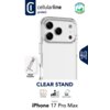 Przezroczyste etui na telefon z trzema dużymi otworami na aparaty, oznaczone jako "Etui CELLULARLINE Clear Stand do Apple iPhone 17 Pro Max Transparentny". Na zdjęciu widoczne są napisy: "cellularline protect", "Stand Function", "CLEAR STAND", "Anti-Yello
