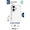 Przezroczyste etui na telefon z funkcją stojaka, zaprojektowane dla iPhone 17, z widocznymi napisami: "cellularline protect", "CLEAR STAND", "Anti-Yellow", "Protection Level", "Impact Protection" oraz "Designed for: iPhone 17". Na opakowaniu znajduje się 